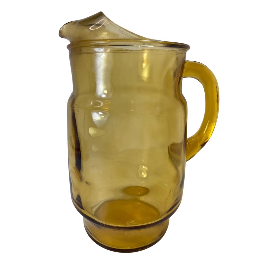 Anchor Hocking Tall Glass Pitcher Ice Lip Handle Amber Yellow Vintage‎ 9 inch